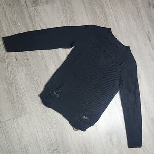 Women's Black Distressed Ribbed Crewneck Sweater